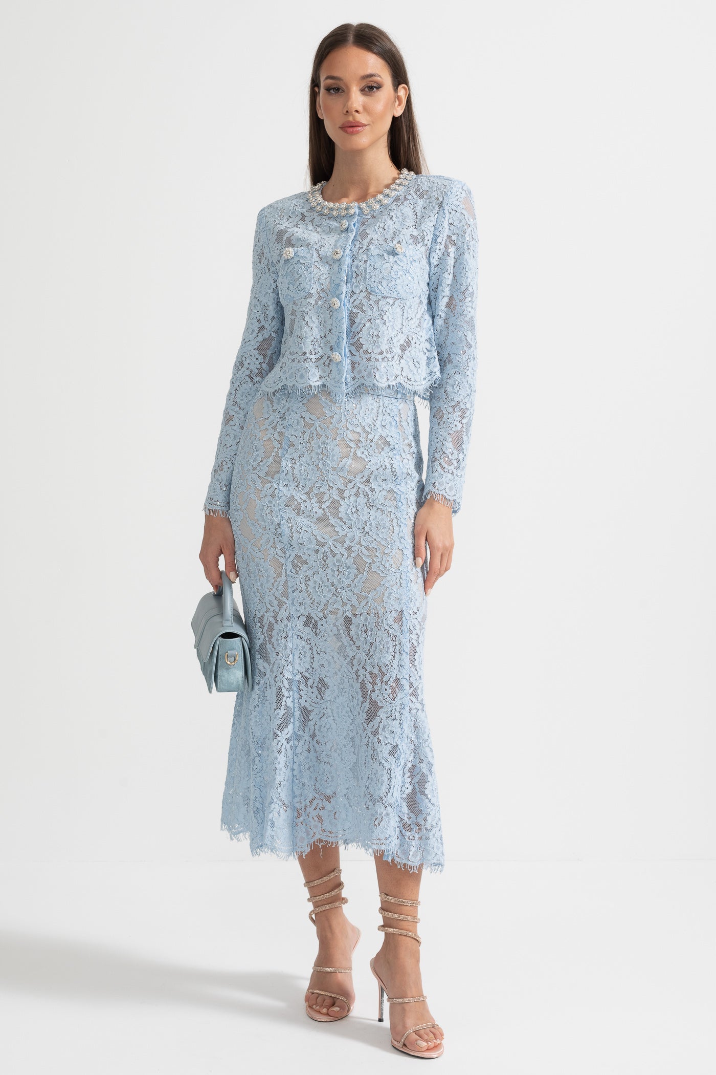 Seraphina | Lace Co-Ord Sparkling Neckline Midi Skirt Set