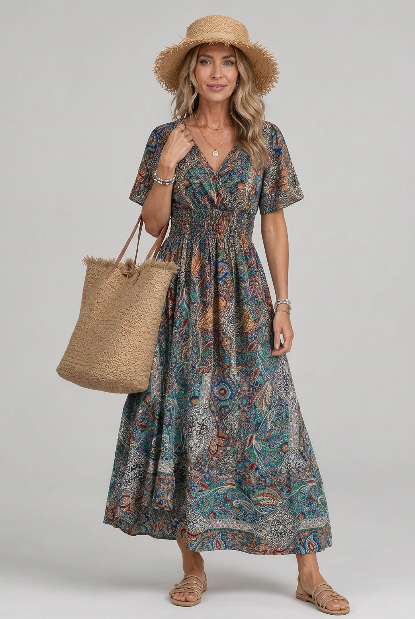 Marina | Bohemian Paisley Smocked V-Neck Maxi Dress