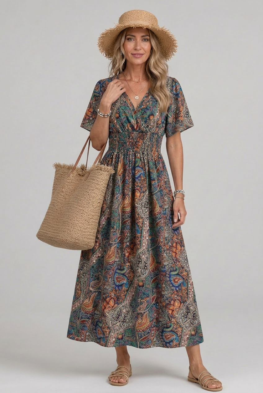 Marina | Bohemian Paisley Smocked V-Neck Maxi Dress