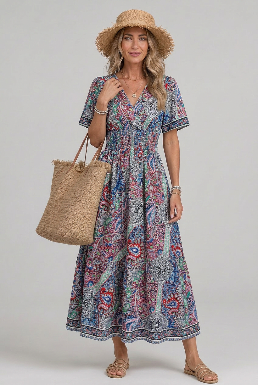 Marina | Bohemian Paisley Smocked V-Neck Maxi Dress