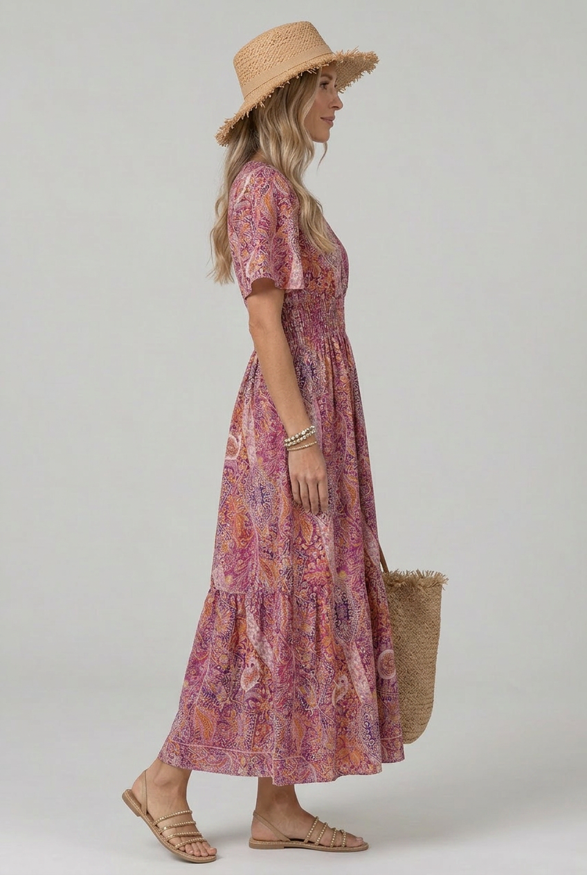 Marina | Bohemian Paisley Smocked V-Neck Maxi Dress