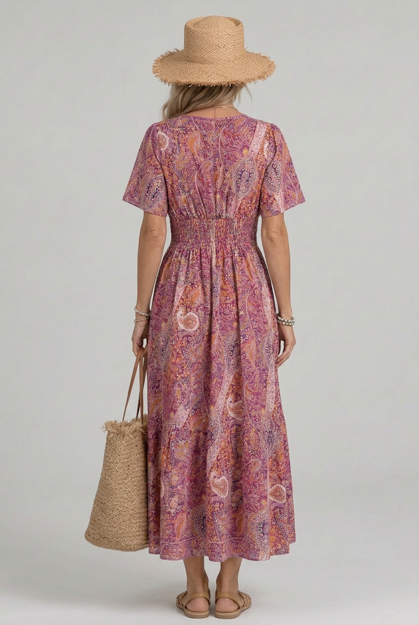Marina | Bohemian Paisley Smocked V-Neck Maxi Dress