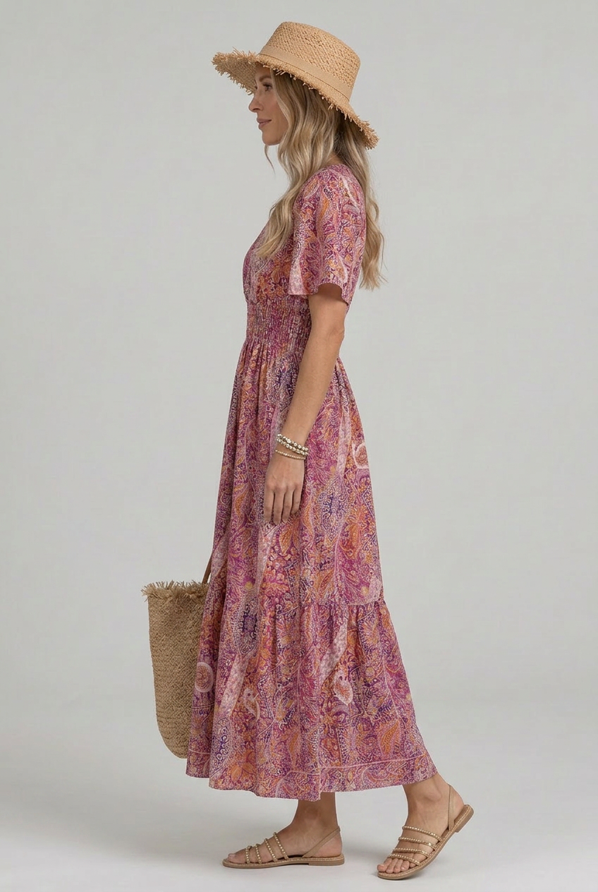 Marina | Bohemian Paisley Smocked V-Neck Maxi Dress