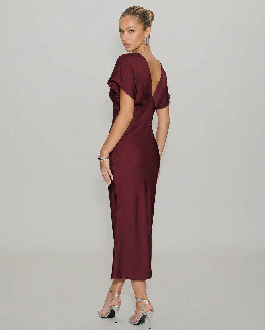 Cleo | Wine Red Satin Cowl Neck Midi Dress