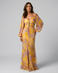 Eulalie | Off-Shoulder Pleated Long Sleeve Maxi Dress