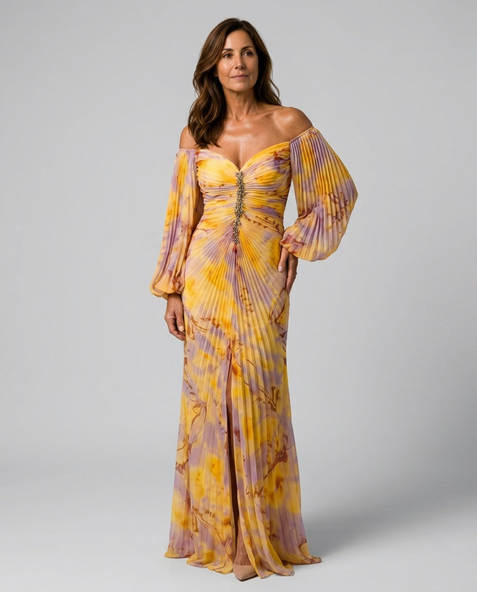 Eulalie | Off-Shoulder Pleated Long Sleeve Maxi Dress