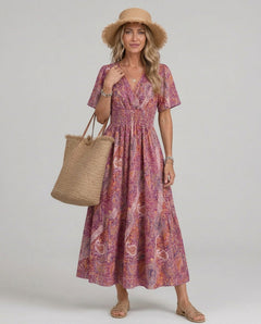 Marina | Bohemian Paisley Smocked V-Neck Maxi Dress