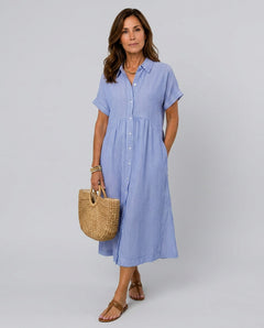 Emerson | Short Sleeve Button Front Striped Midi Dress