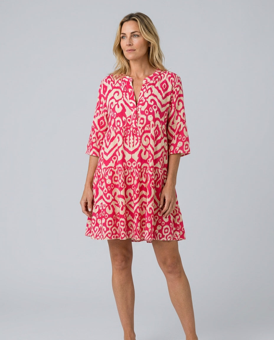 Noor | Printed V-Neck 3/4 Sleeve Midi Dress