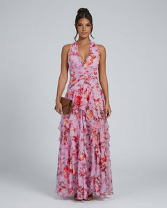 Nori | Halter Neck Ruched Floral Maxi Dress