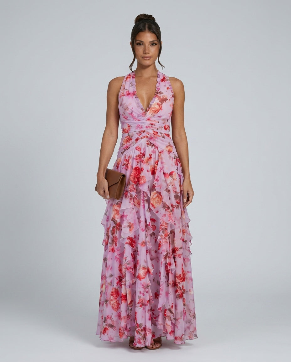 Nori | Halter Neck Ruched Floral Maxi Dress