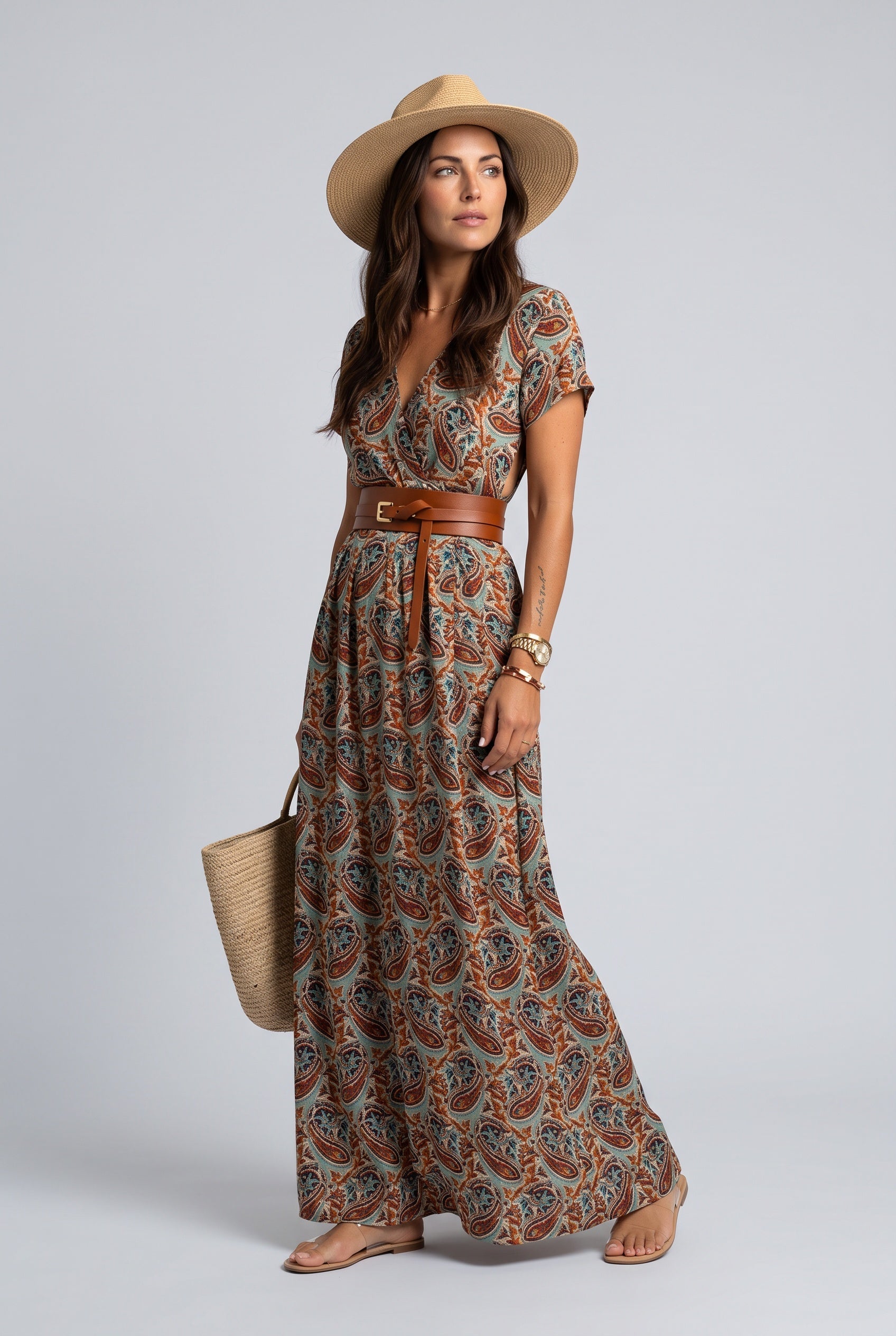 Delphine | V-Neck Belted Boho Maxi Dress