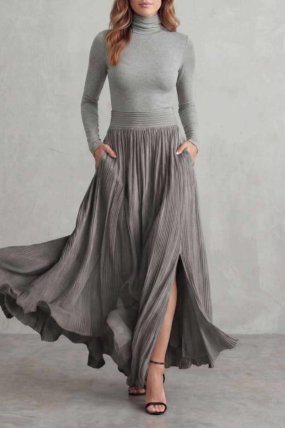 Neravelle | Pleated Maxi Two-Piece Turtleneck Set