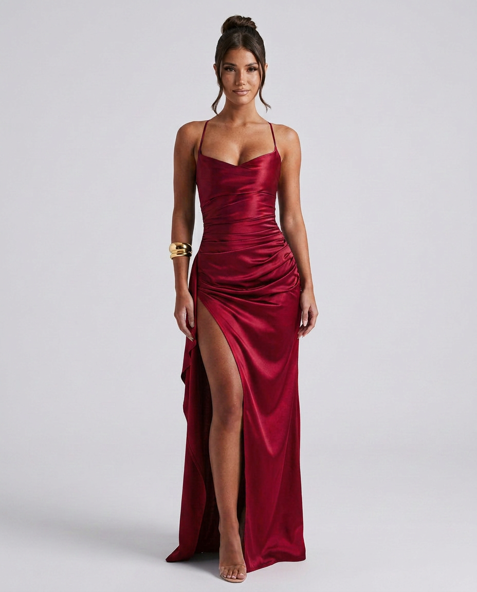 Sabine | Draped Ruched Waist Satin Maxi Dress