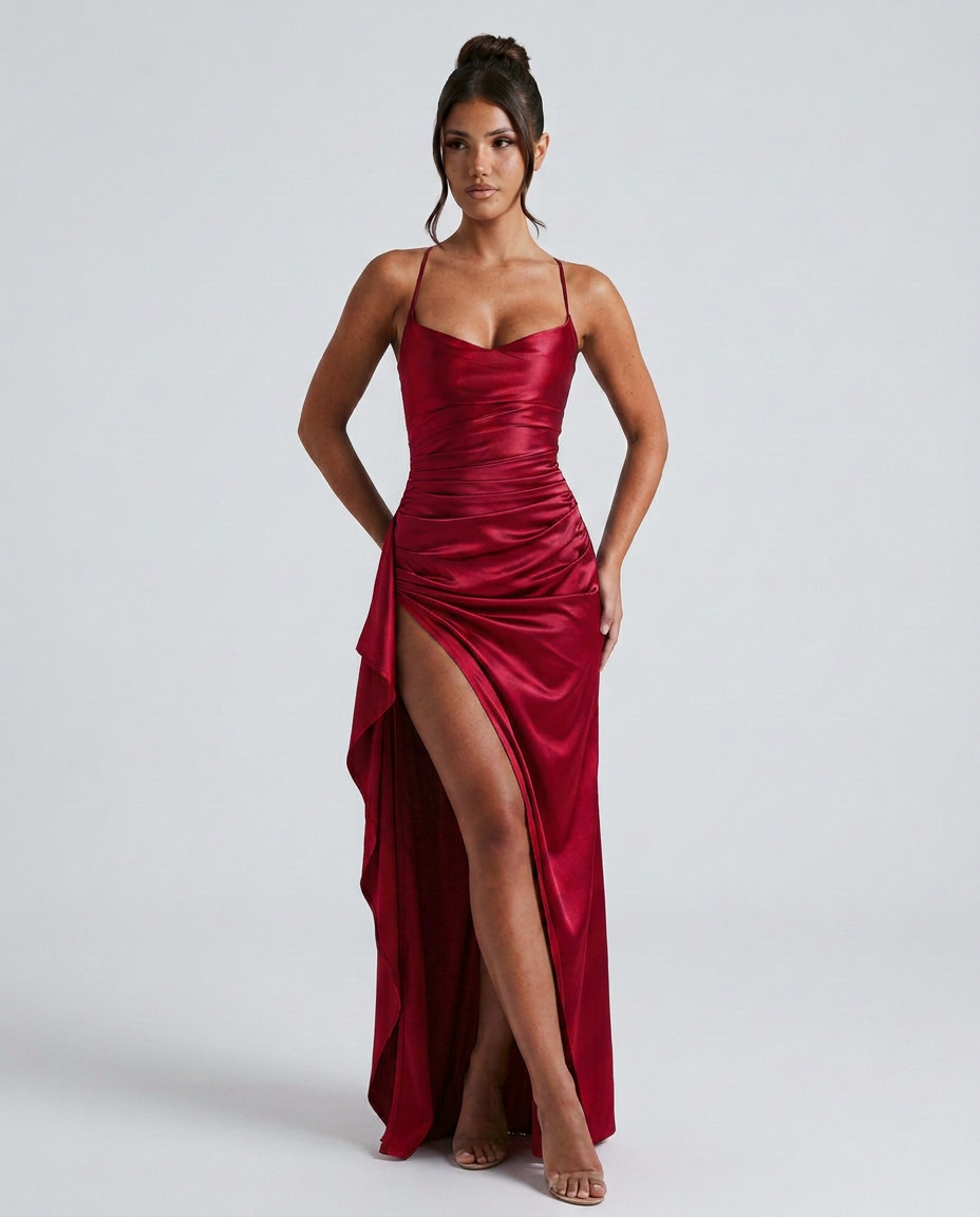 Sabine | Draped Ruched Waist Satin Maxi Dress