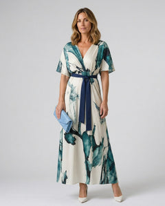 Selene | Abstract Print Belted Flutter Sleeve Maxi Dress