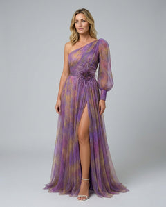 Nevara | Asymmetric Sleeve Maxi Evening Gown