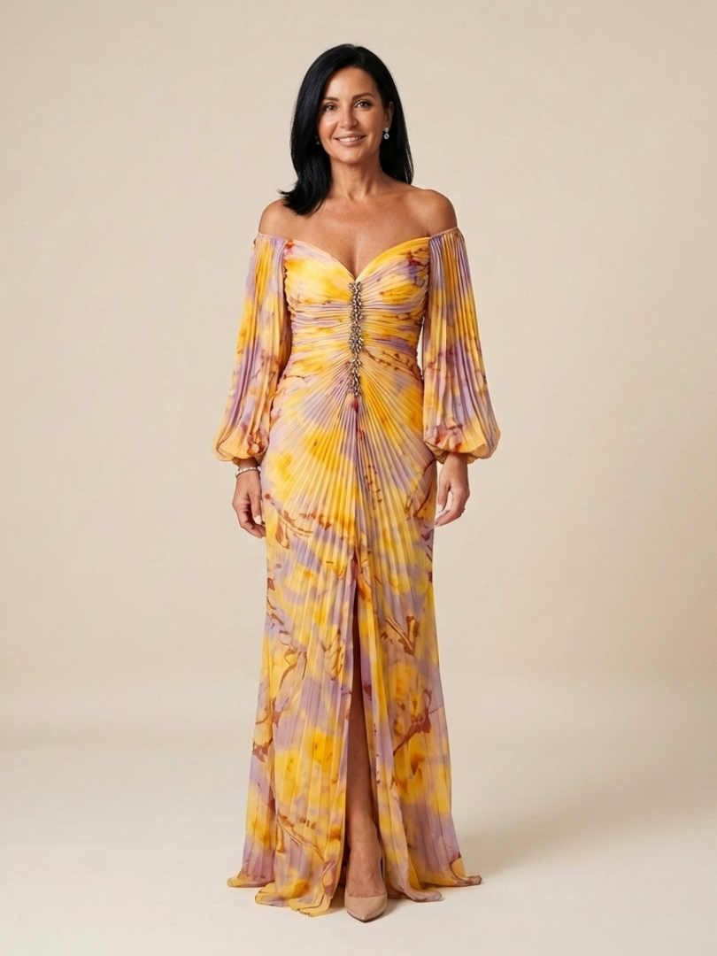 Eulalie | Off-Shoulder Pleated Long Sleeve Maxi Dress