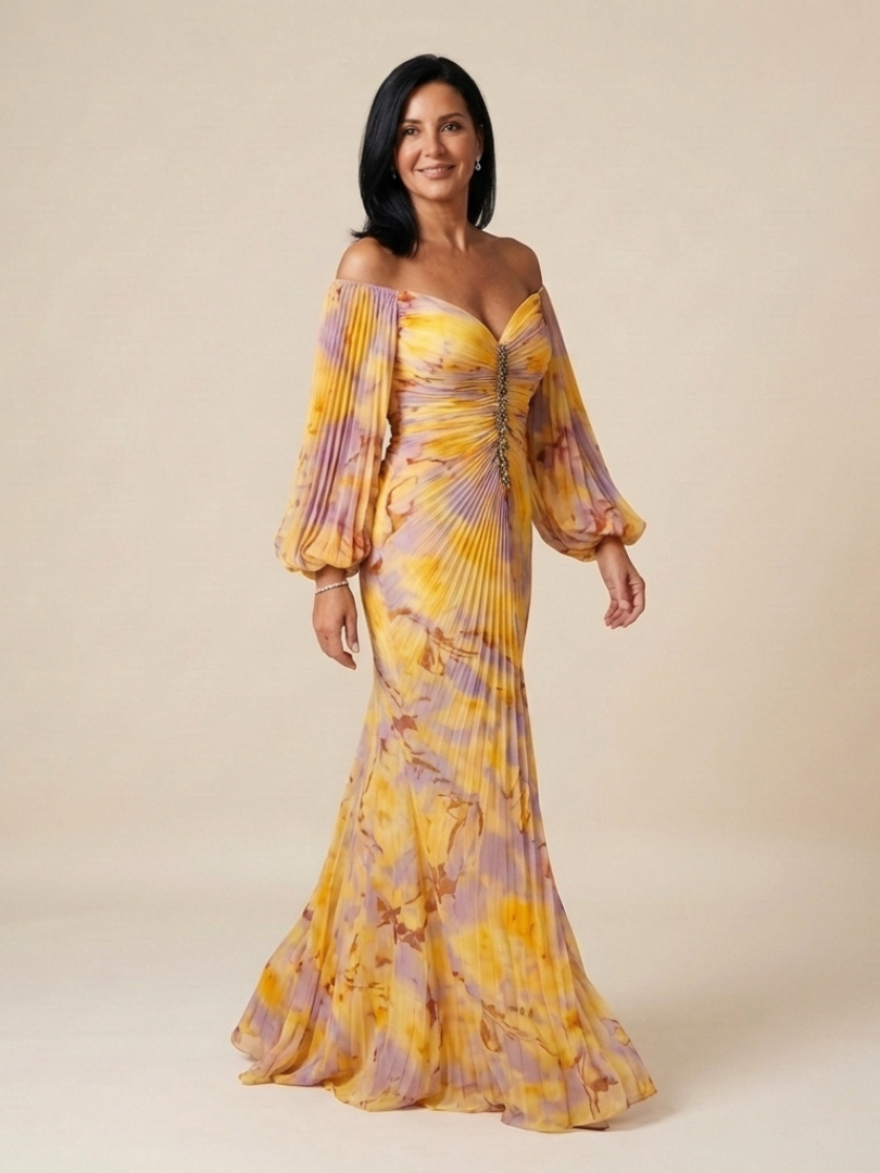 Eulalie | Off-Shoulder Pleated Long Sleeve Maxi Dress