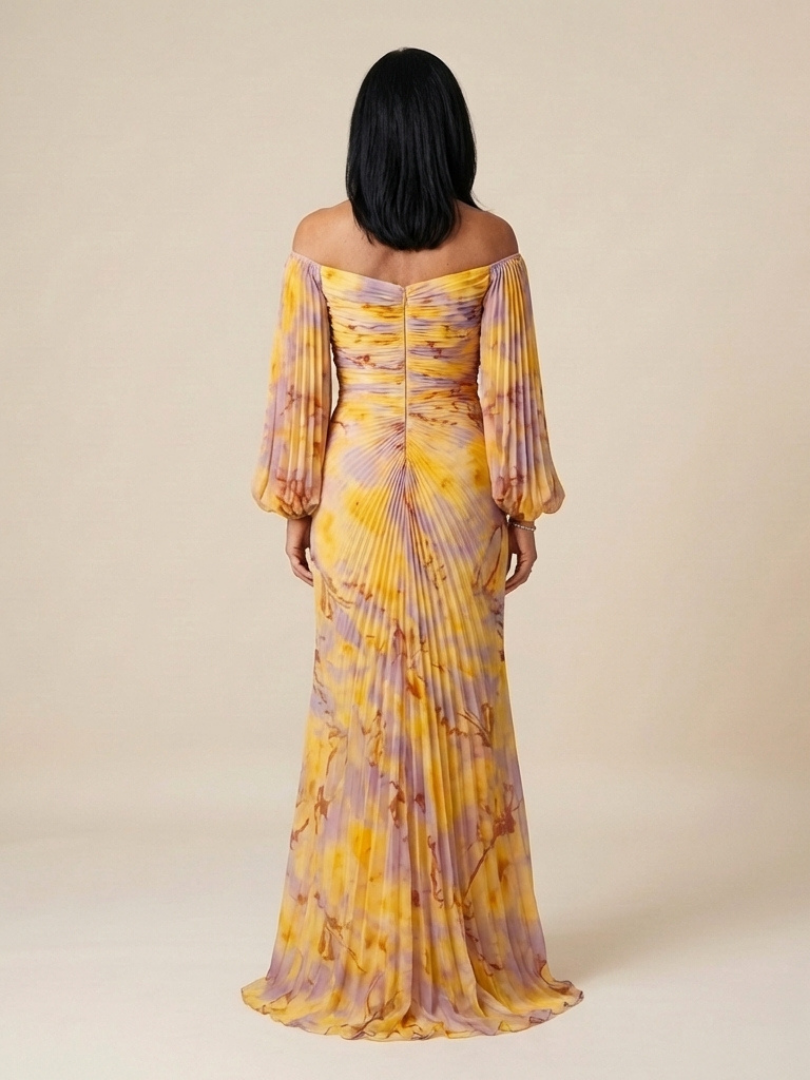 Eulalie | Off-Shoulder Pleated Long Sleeve Maxi Dress