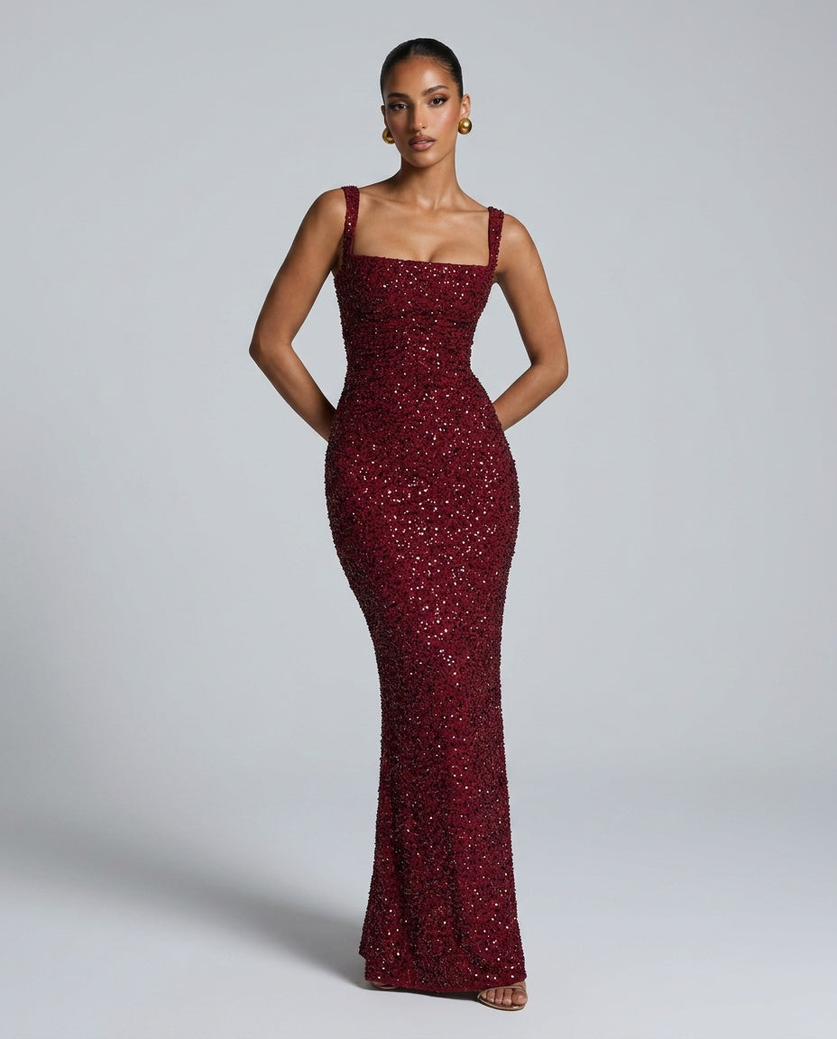 Sabine | Sequin Tie-Up Square Neck Maxi Dress
