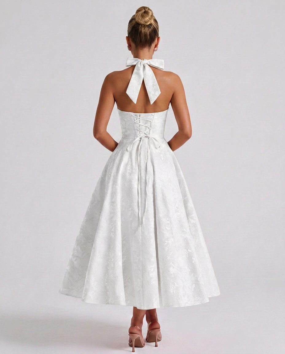 Marci | Midi Dress with Floral Jacquard and Halterneck