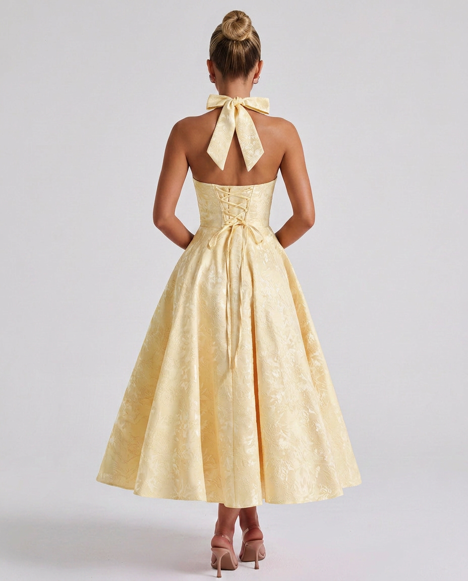 Marci | Midi Dress with Floral Jacquard and Halterneck