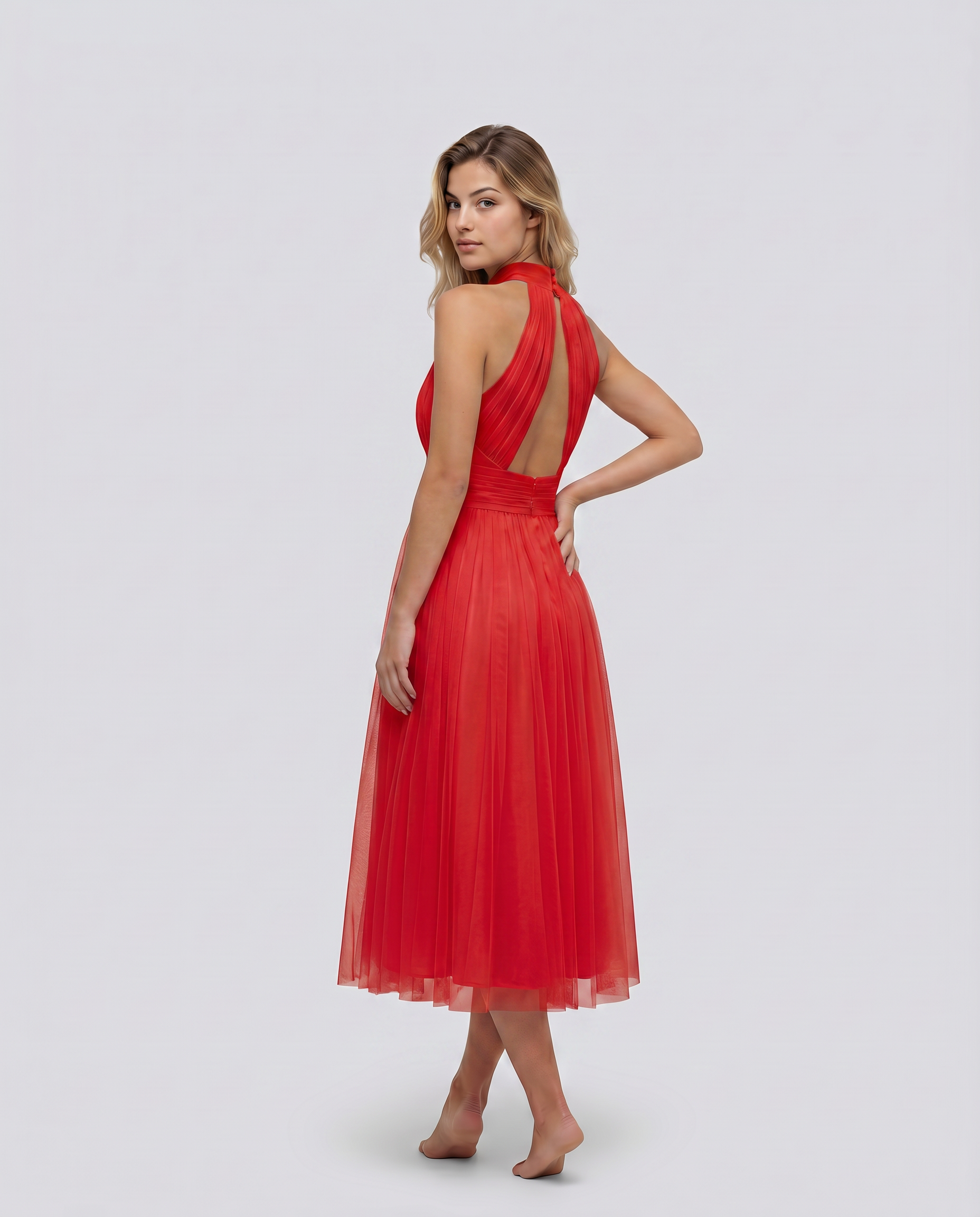 Paul | Midi Dress with Gathered Halter Neck and Fitted Waist