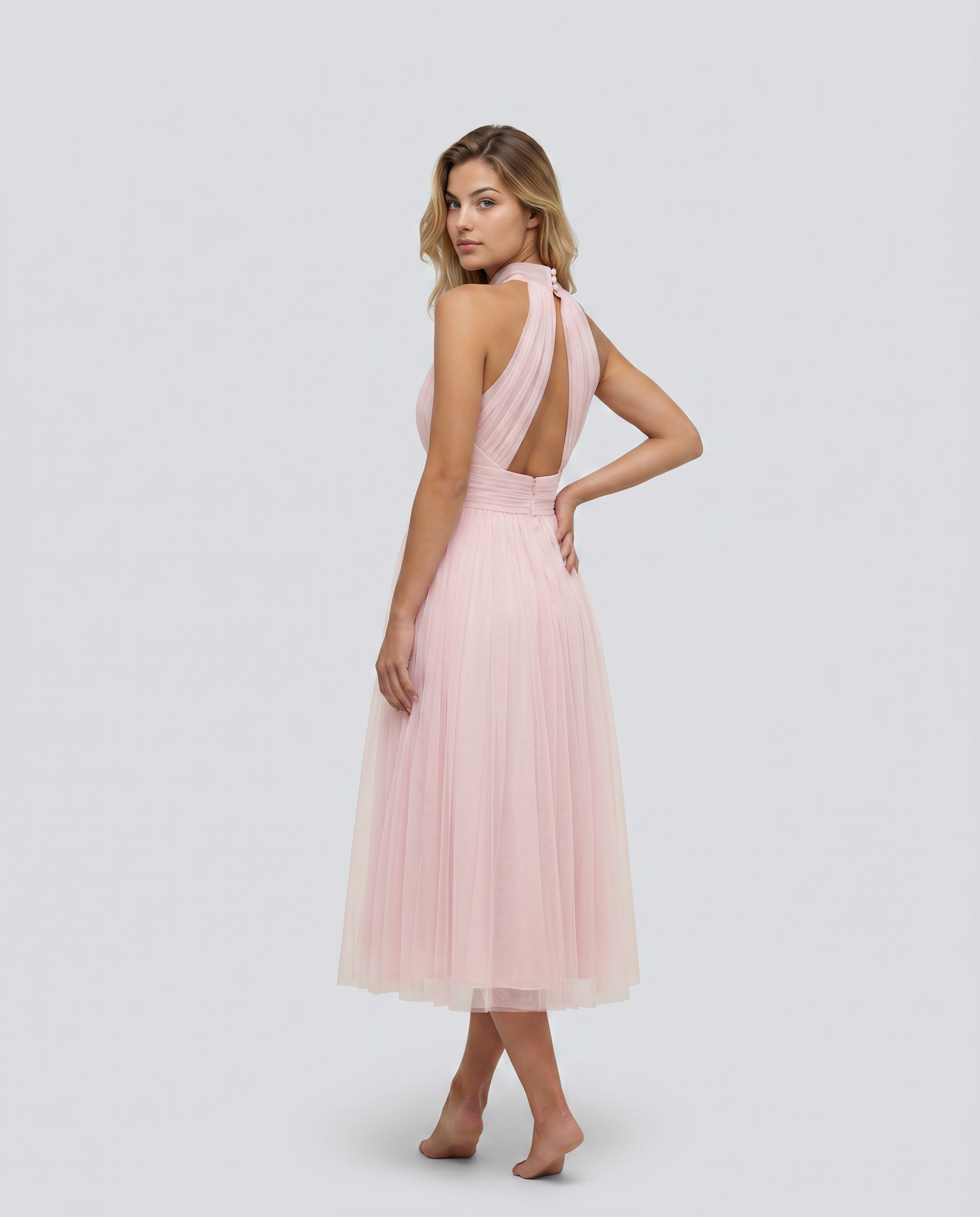 Paul | Midi Dress with Gathered Halter Neck and Fitted Waist