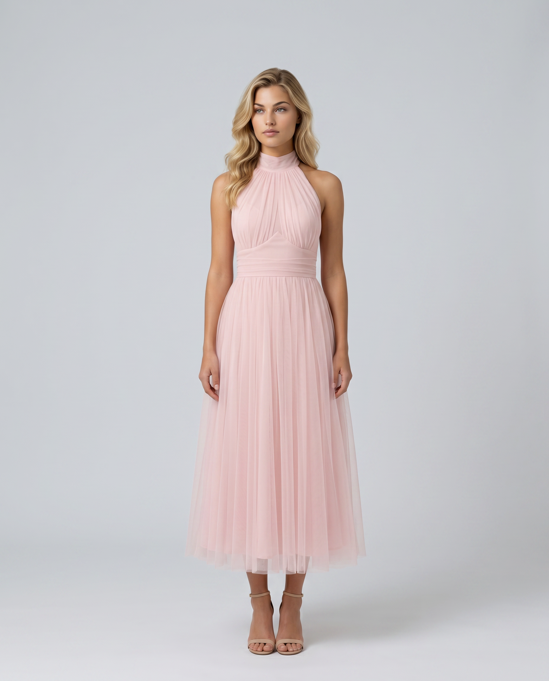 Paul | Midi Dress with Gathered Halter Neck and Fitted Waist