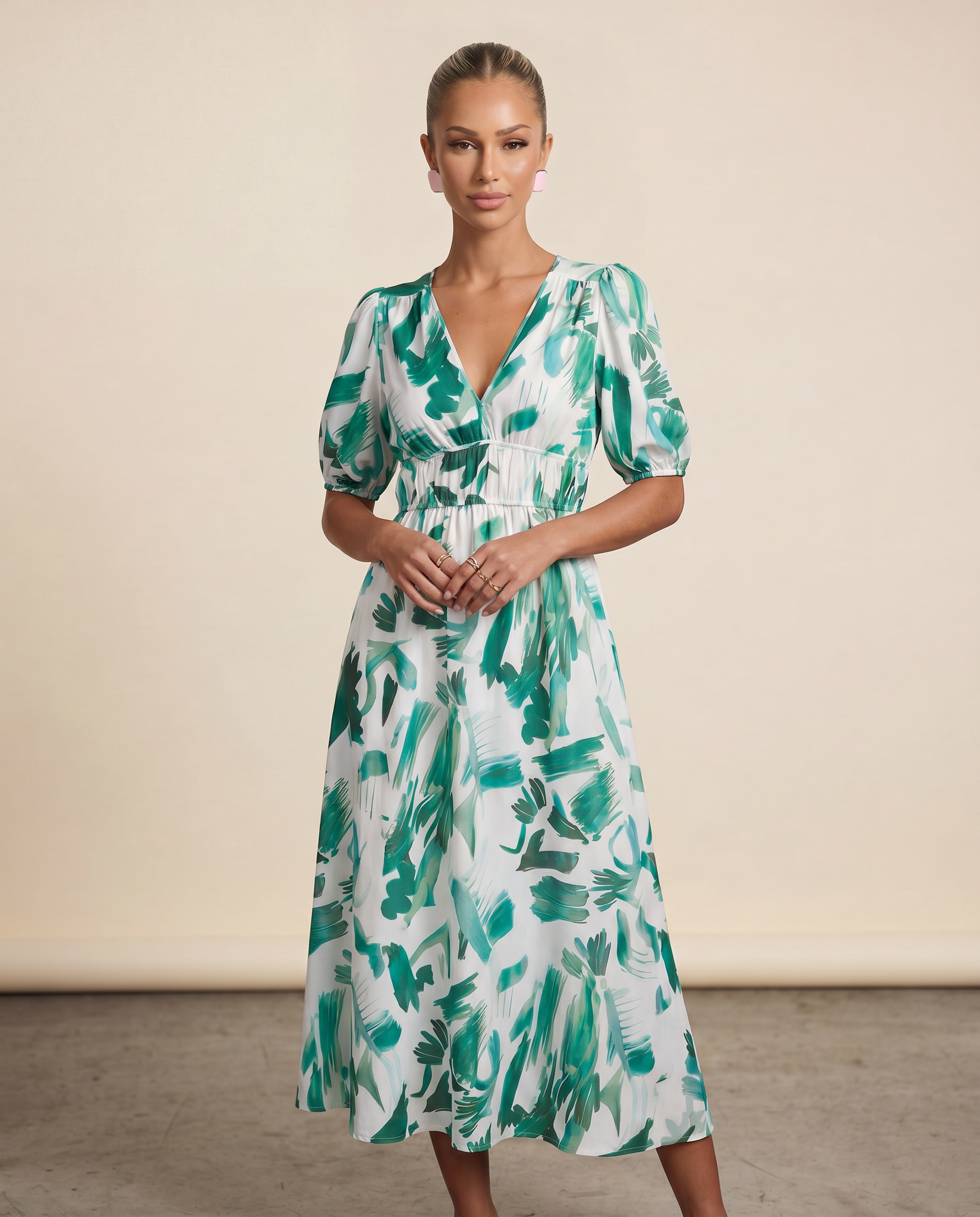 Elinae | Midi Dress with Puff Sleeves and Elastic Waist