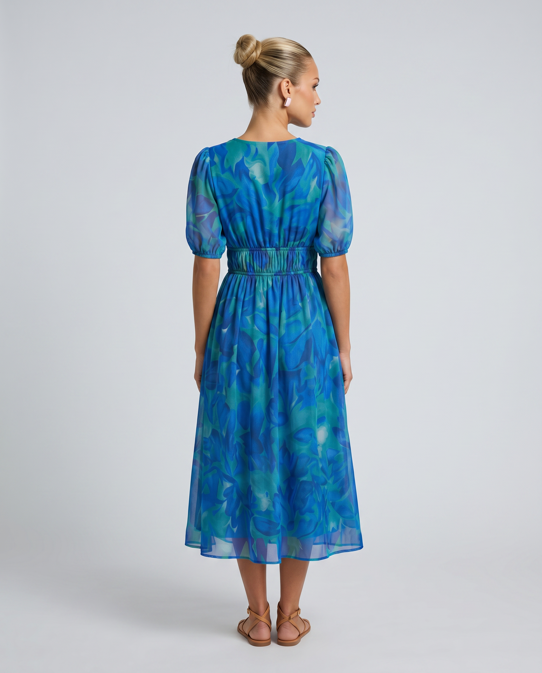 Elinae | Midi Dress with Puff Sleeves and Elastic Waist