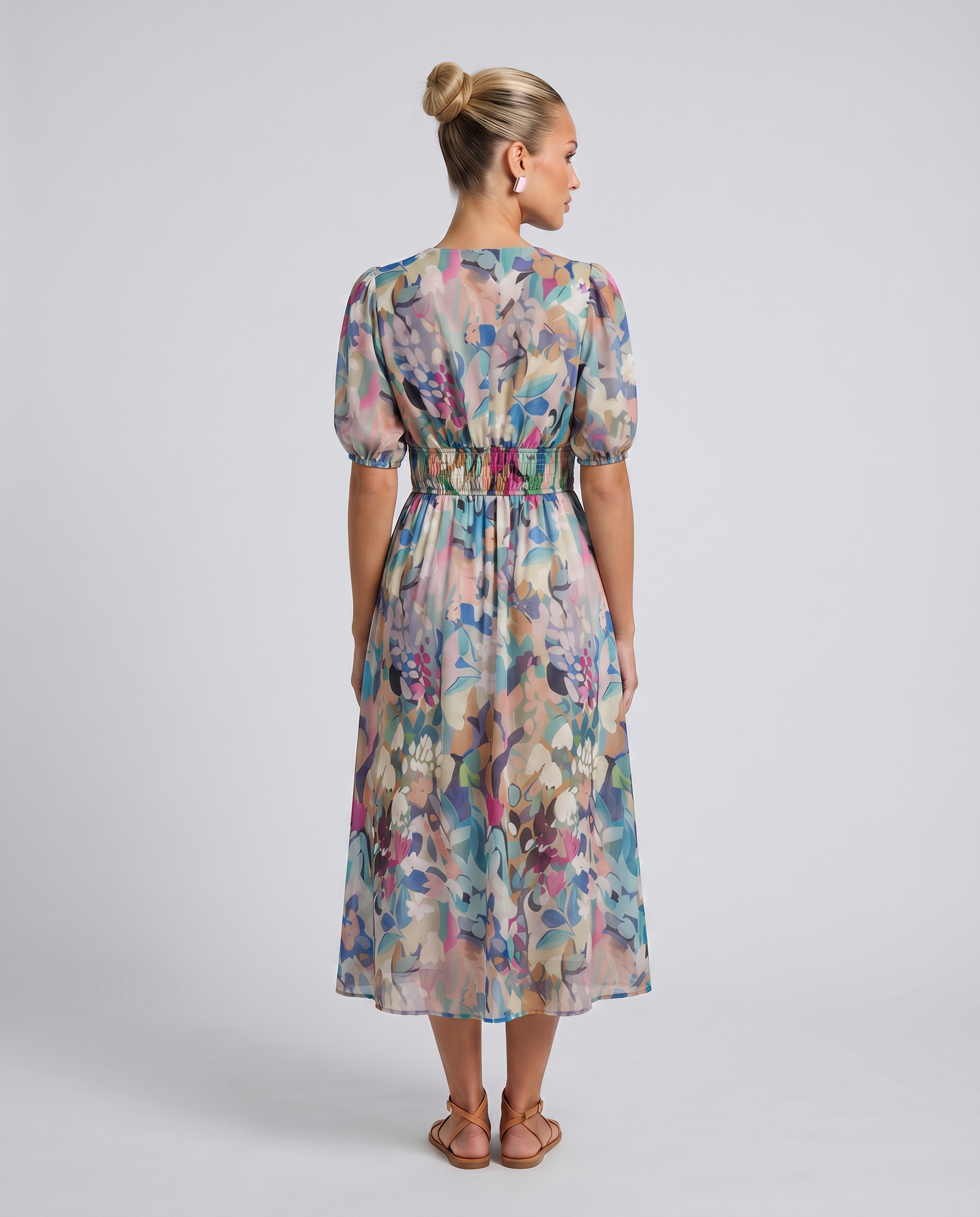 Elinae | Midi Dress with Puff Sleeves and Elastic Waist