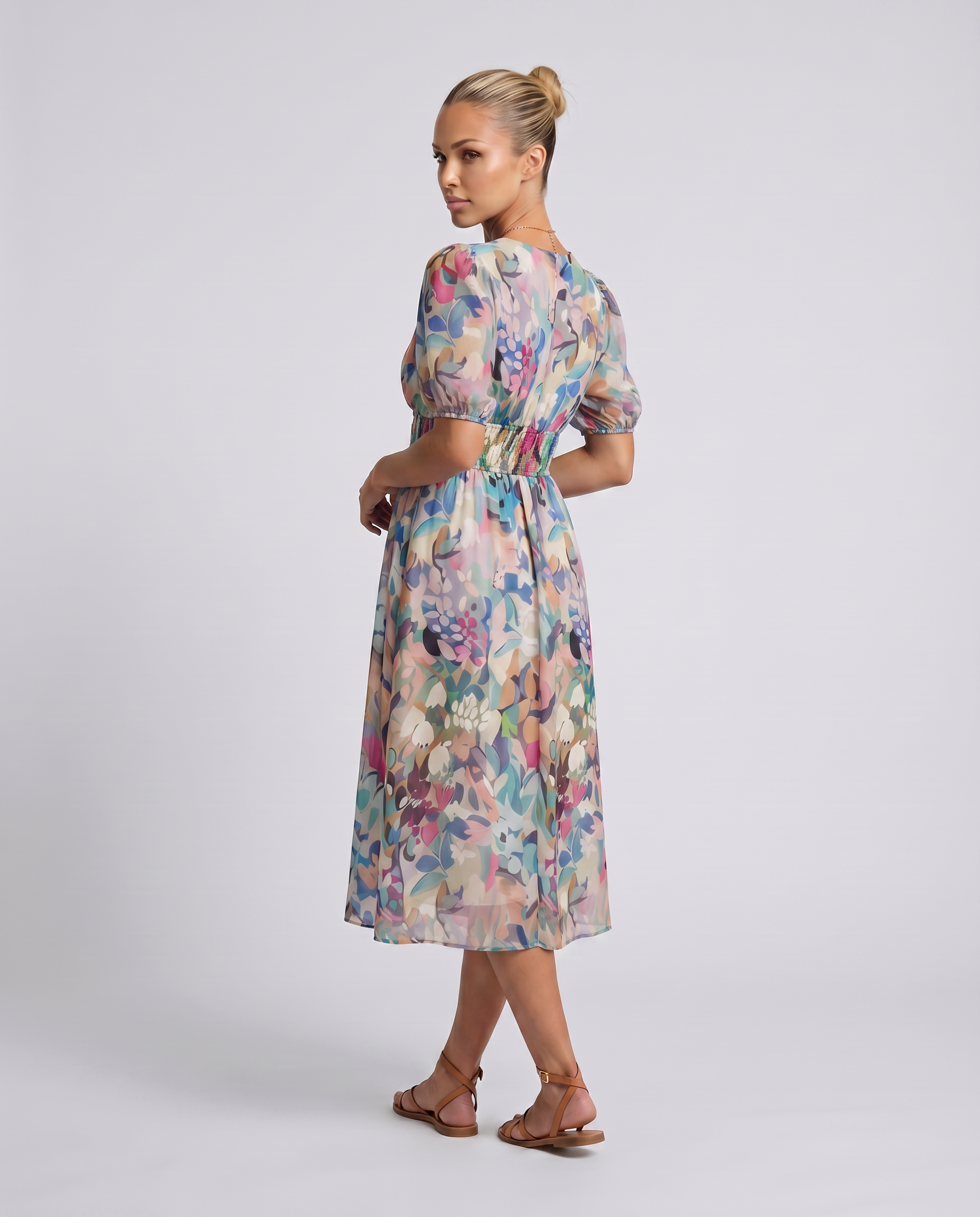 Elinae | Midi Dress with Puff Sleeves and Elastic Waist