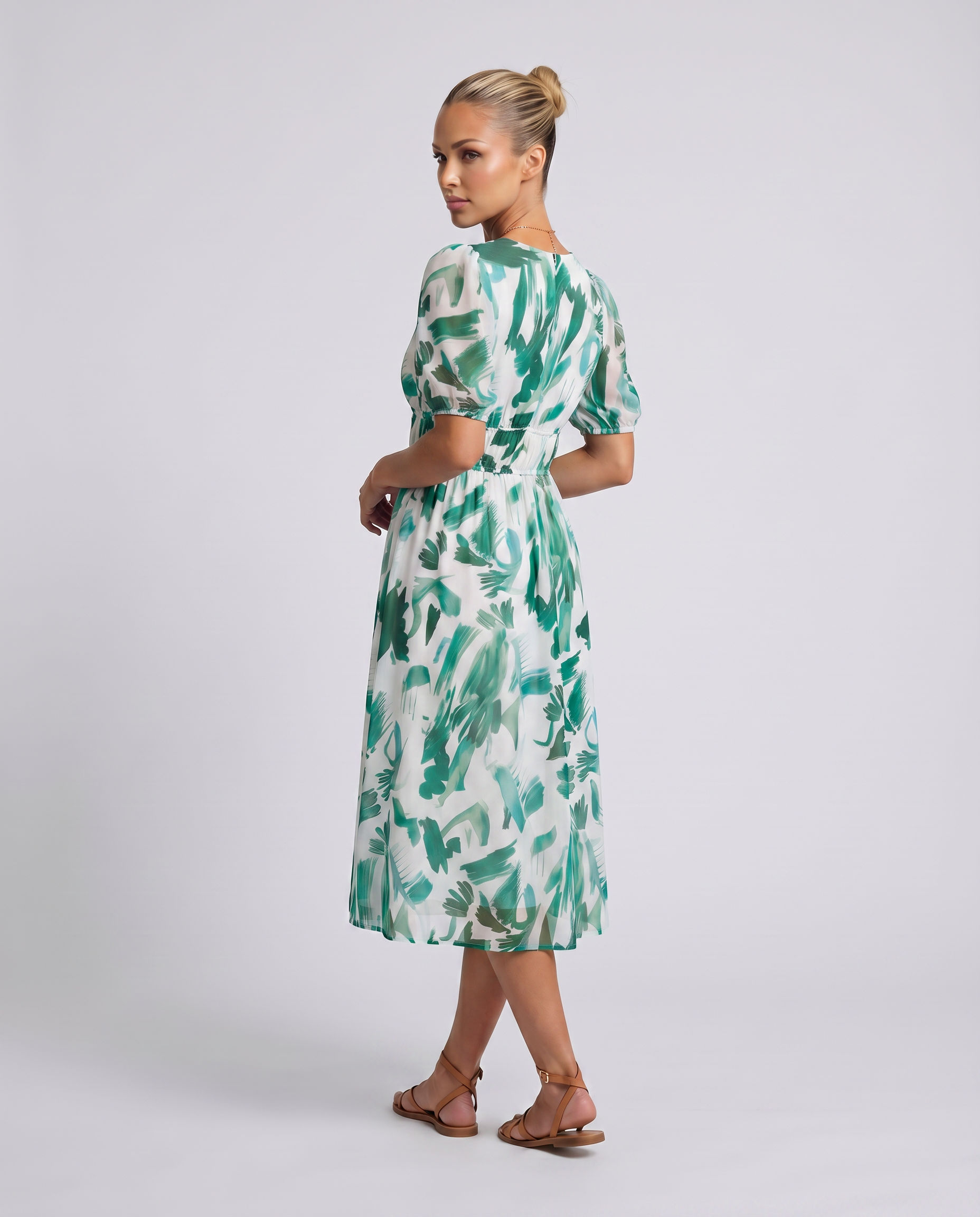 Elinae | Midi Dress with Puff Sleeves and Elastic Waist