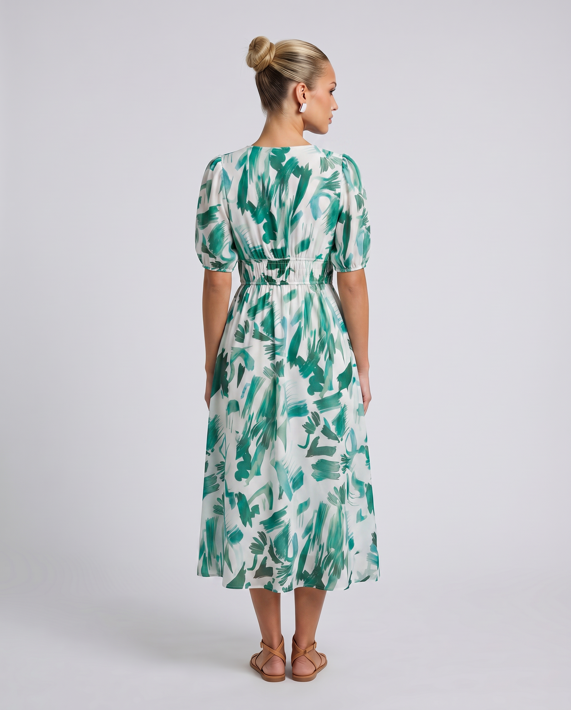 Elinae | Midi Dress with Puff Sleeves and Elastic Waist