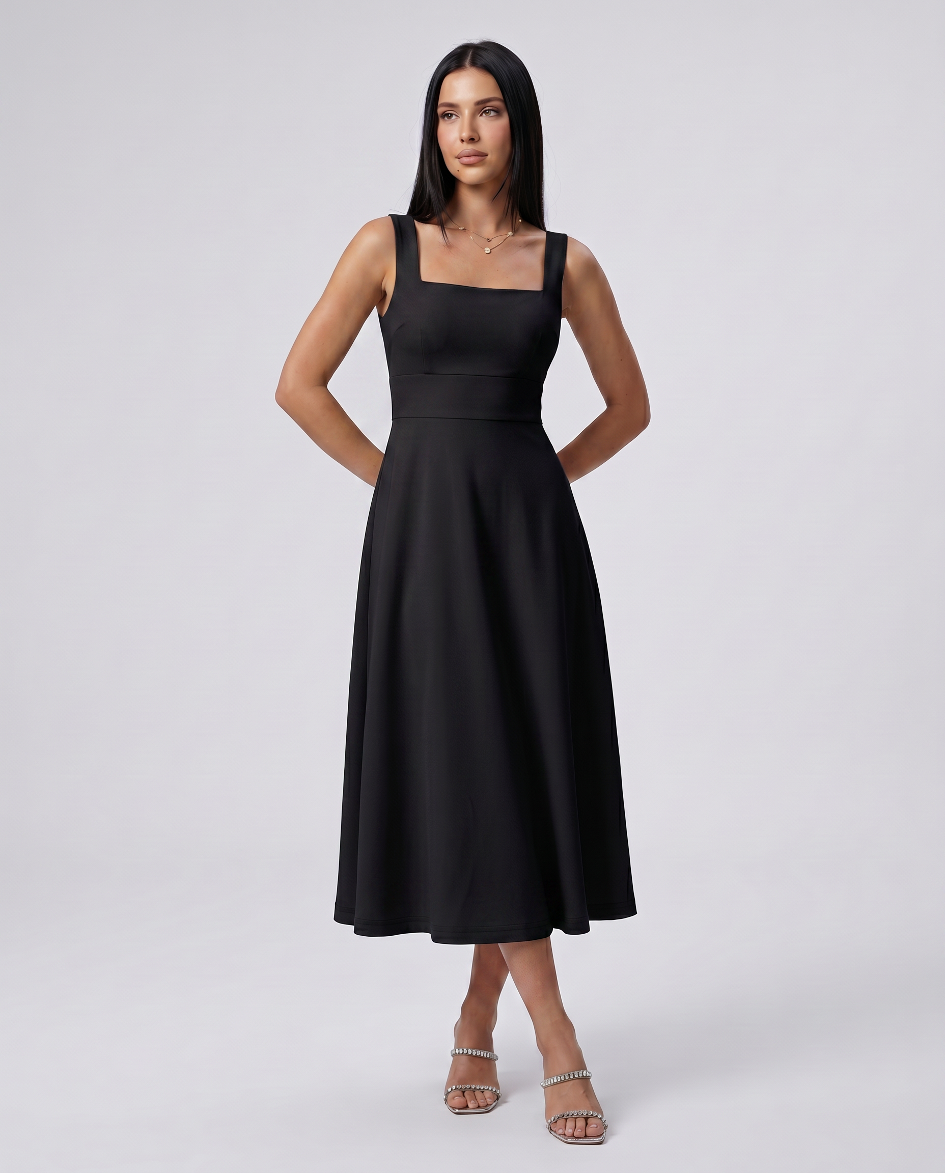 Katina | Midi Dress with Square Neck and A-Line Skirt