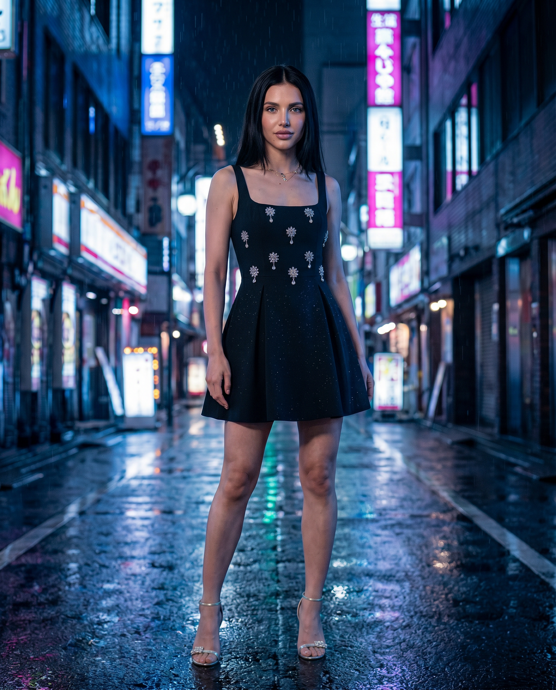 Ebony | Mini Dress with Crystal Floral Embellishment