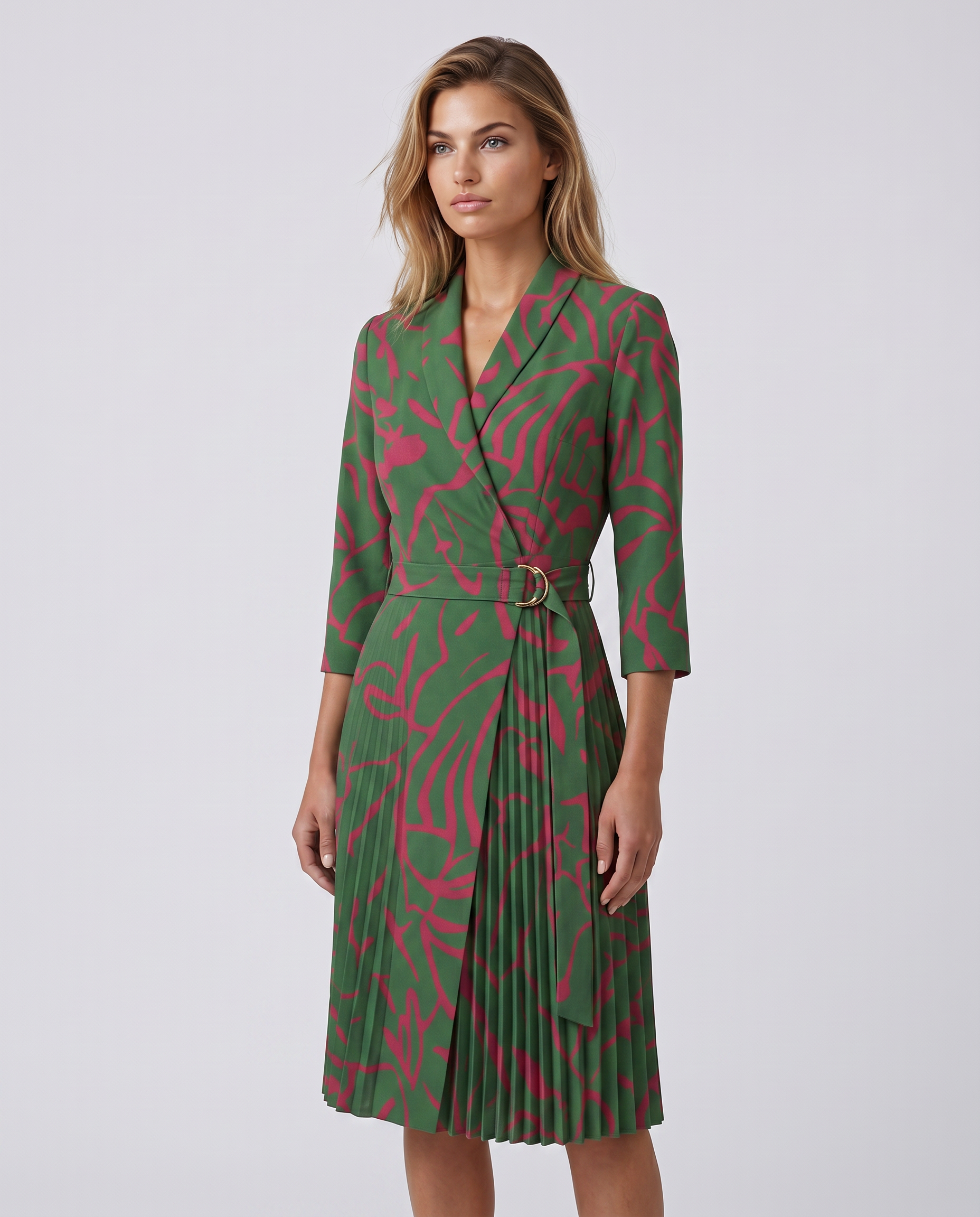 Ilene | Midi Dress with Pleated Skirt and Wrap Blazer Design