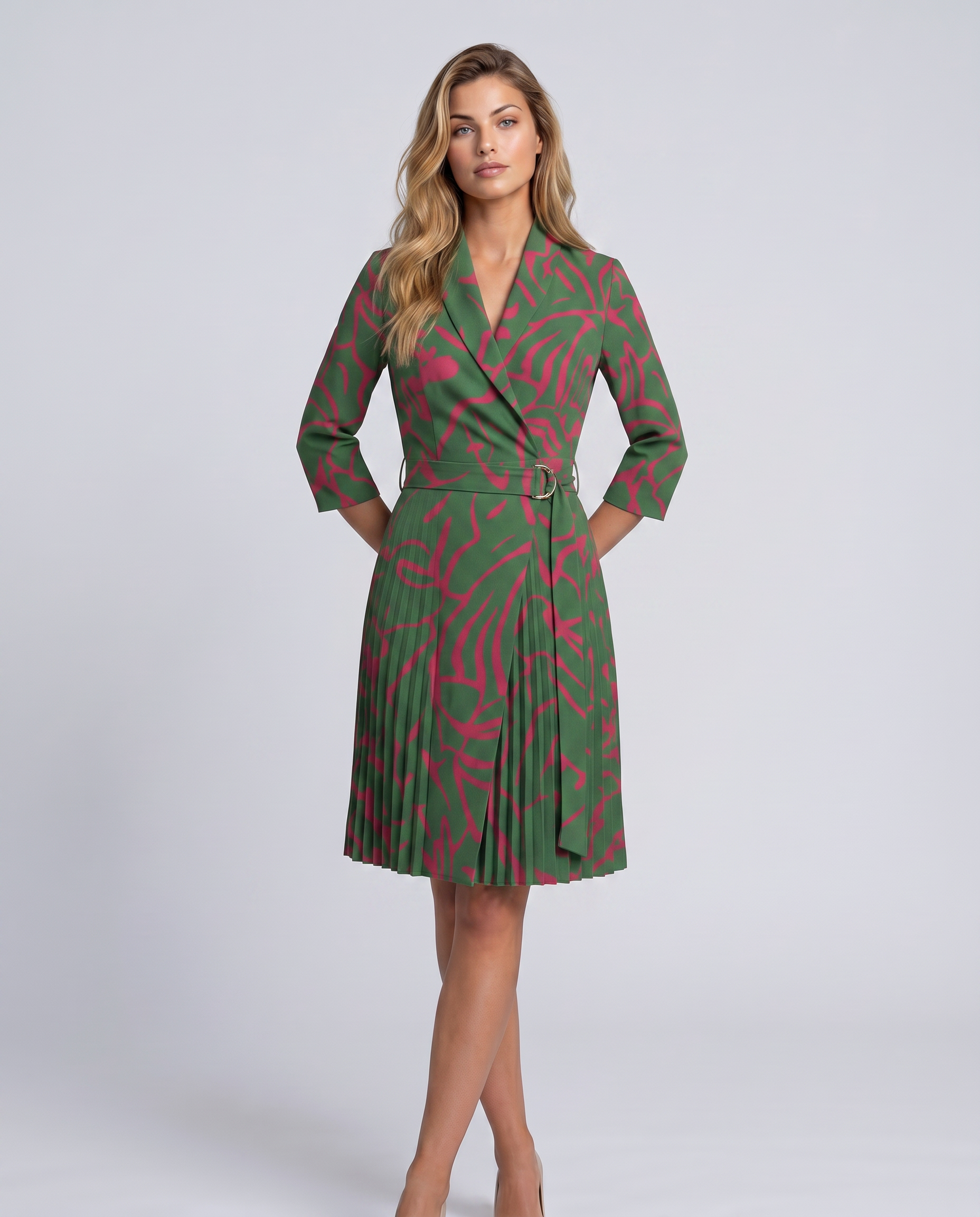 Ilene | Midi Dress with Pleated Skirt and Wrap Blazer Design