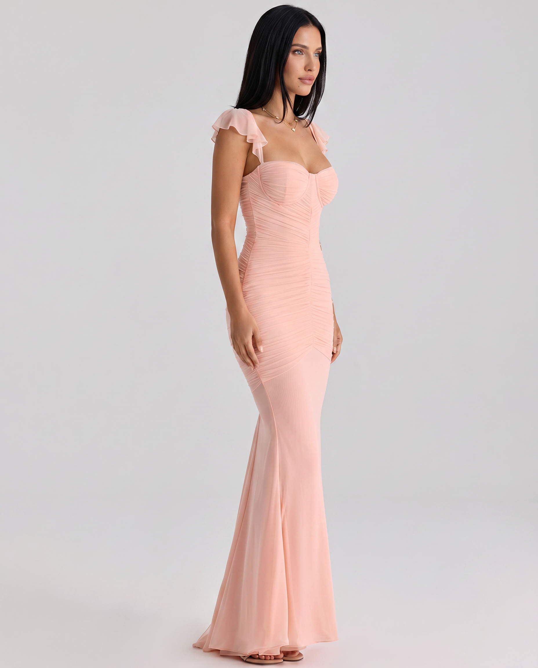 Antonella | Maxi Dress with Ruched Mesh and Cap Sleeves