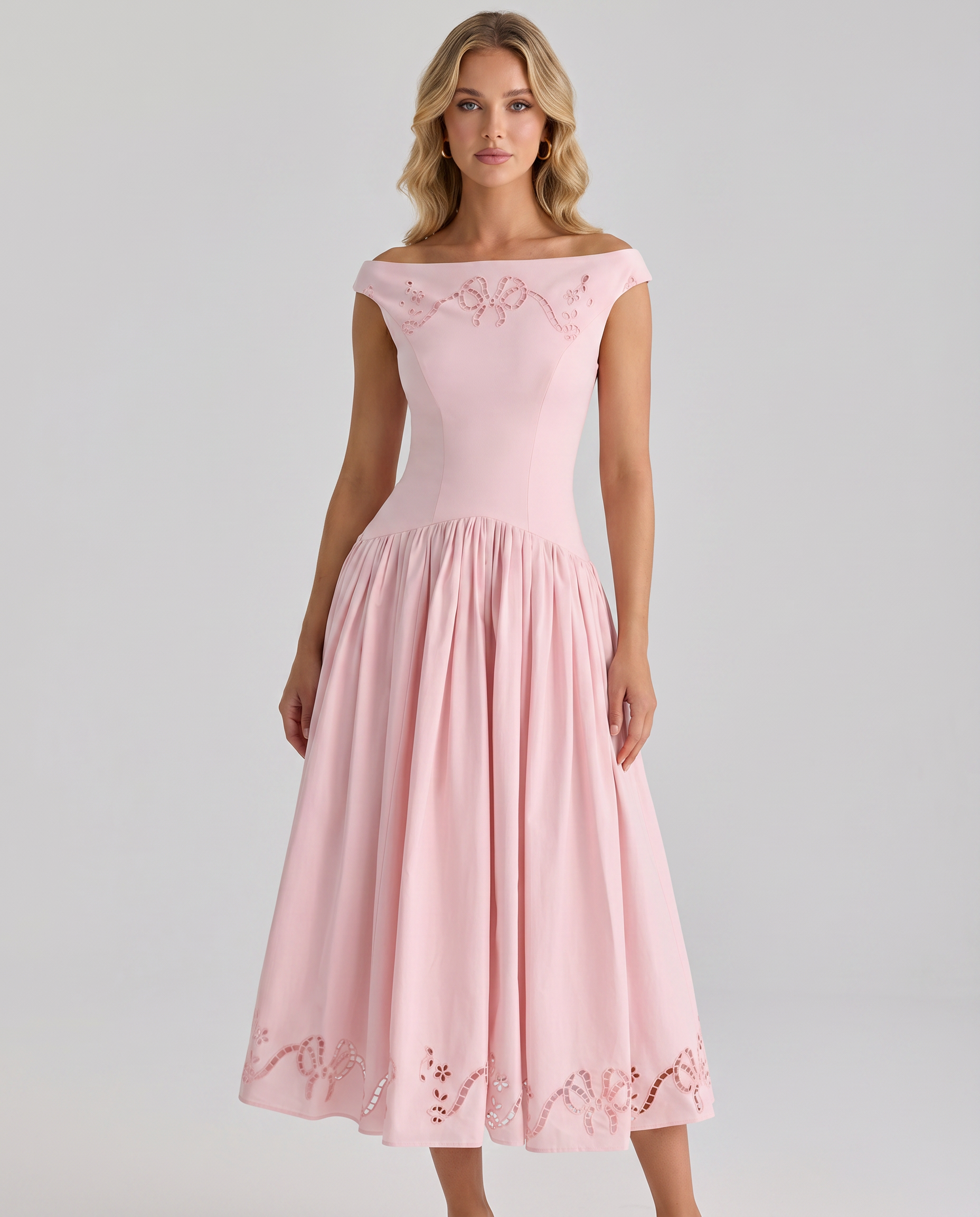 Sheila | Midi Dress with Broderie Anglaise and Off-Shoulder Neckline