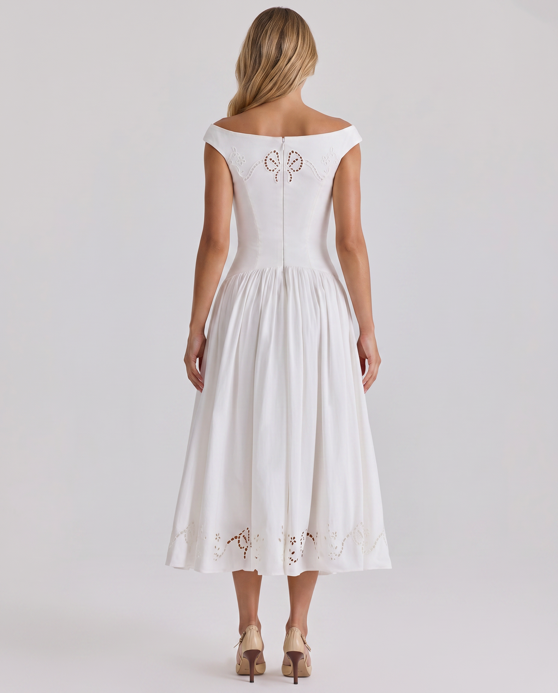 Sheila | Midi Dress with Broderie Anglaise and Off-Shoulder Neckline