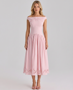 Sheila | Midi Dress with Broderie Anglaise and Off-Shoulder Neckline