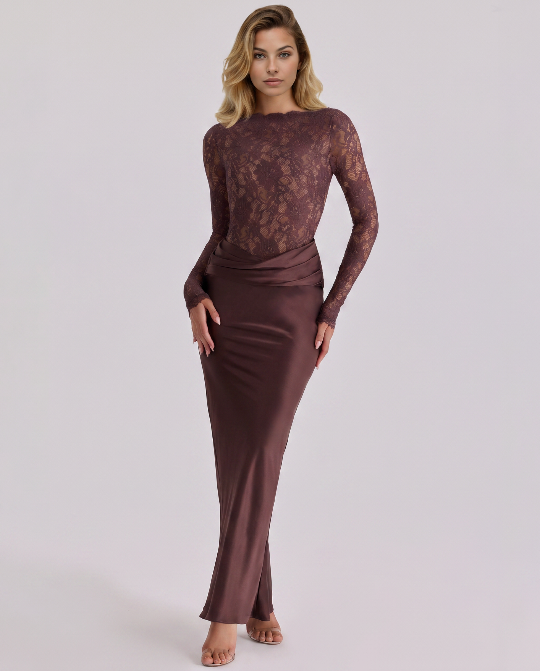 Miranda | Lace Bodice Satin Maxi Dress Draped Skirt