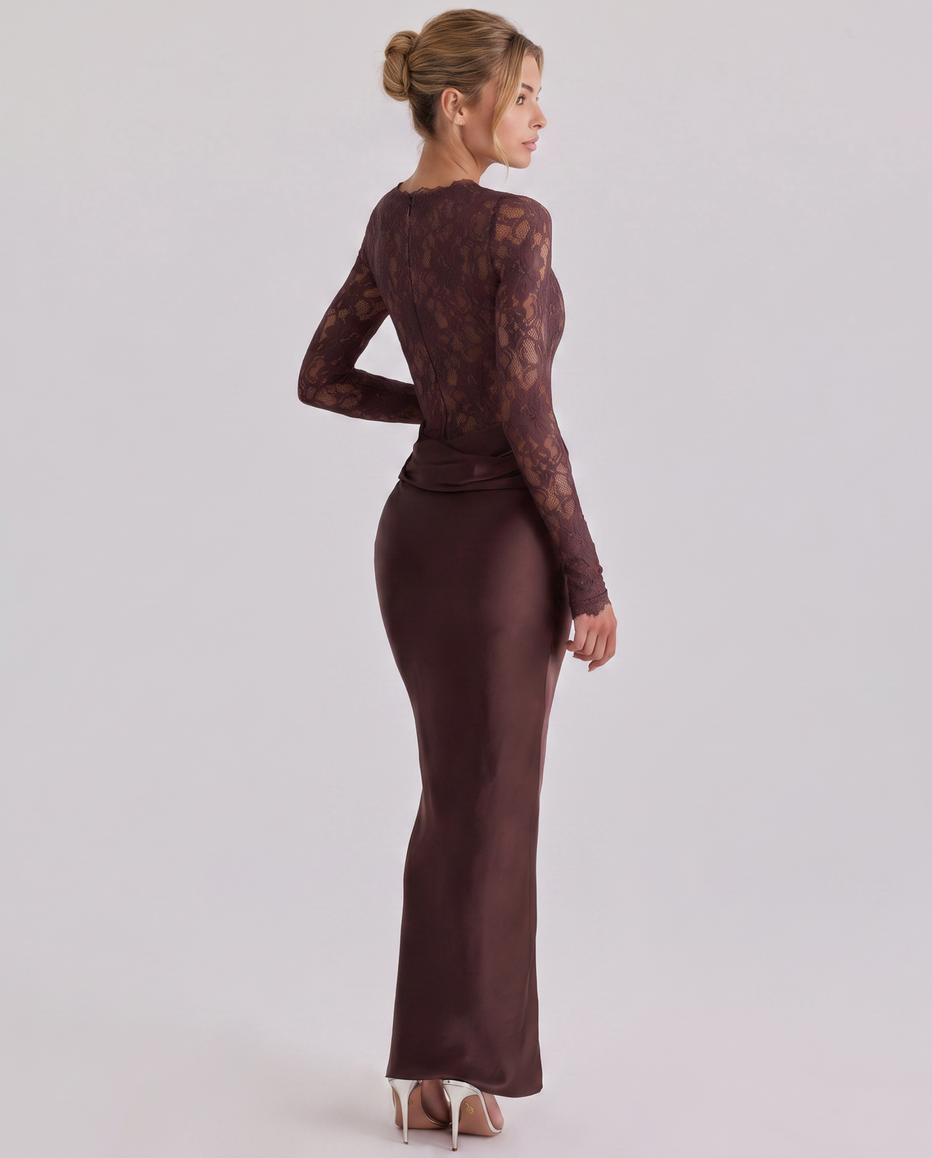 Miranda | Lace Bodice Satin Maxi Dress Draped Skirt