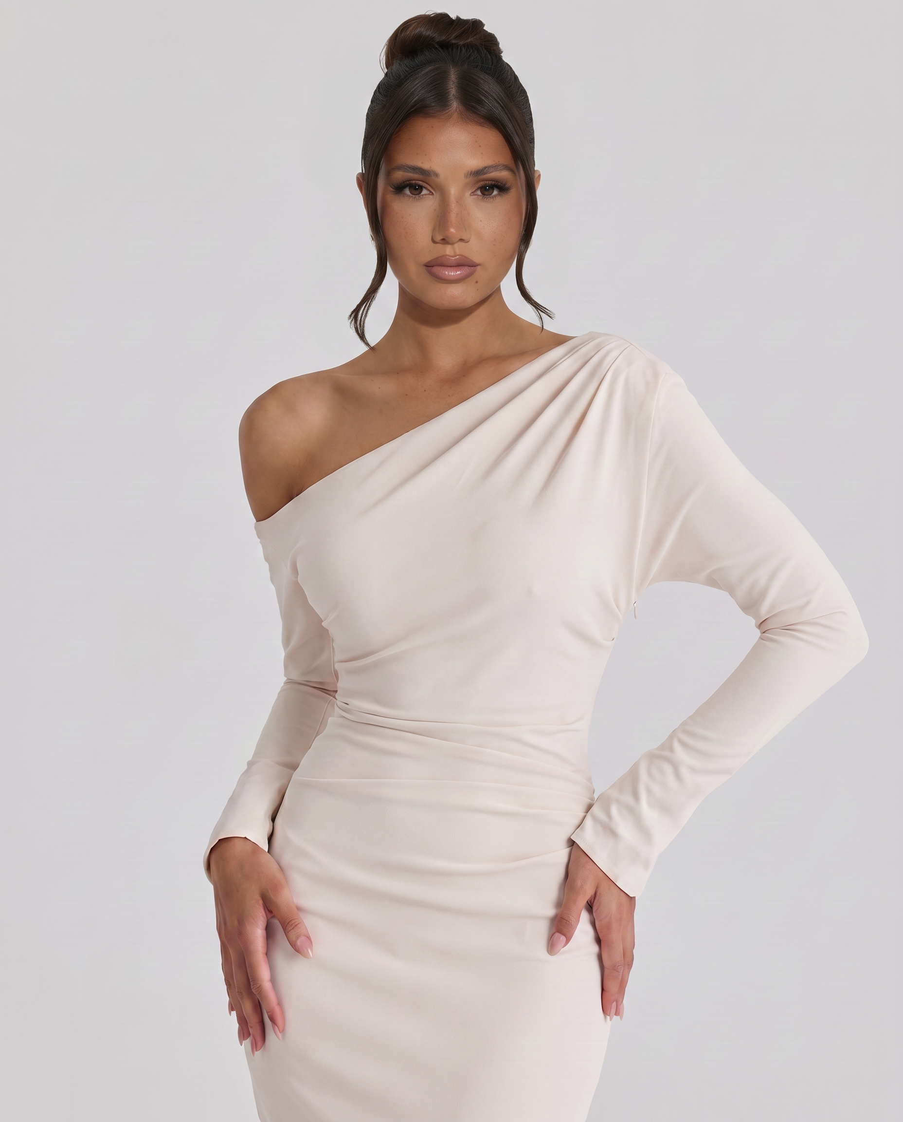 Patrica | Midi Dress with One Shoulder Draped Design