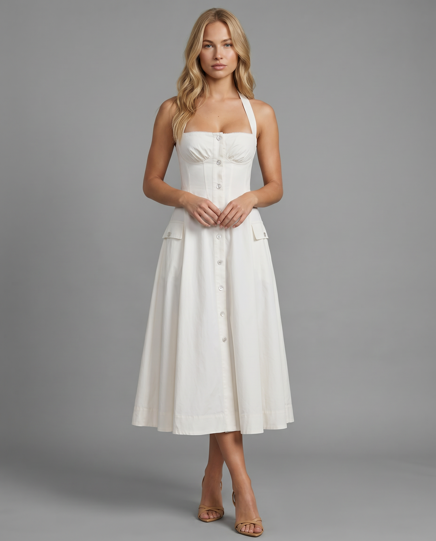 Loretta | Midi Dress with Halter Neck and Button Front