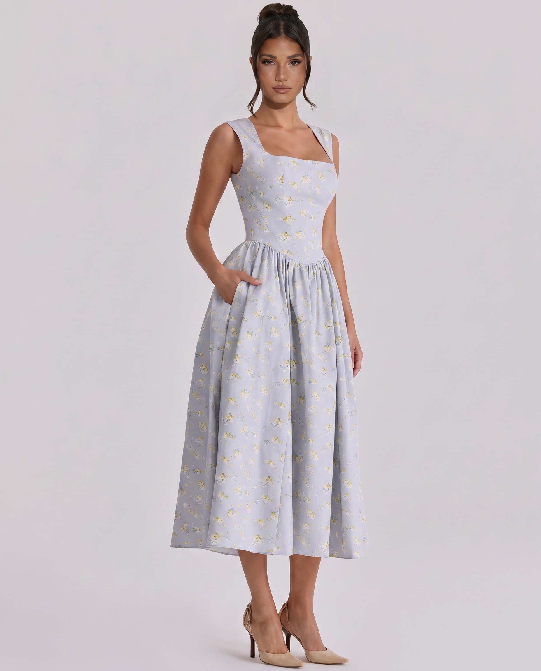 Nellie | Midi Sundress with Square Neck and Pleated Skirt