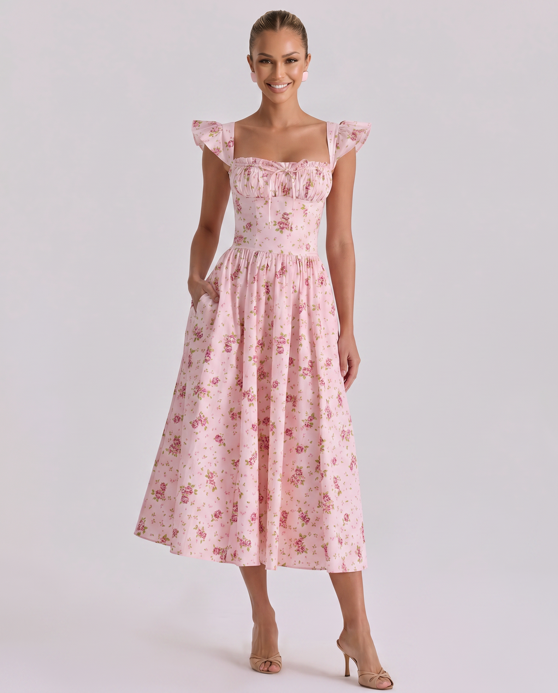 Tabitha | Midi Sundress with Floral Print and Lace-Up Back